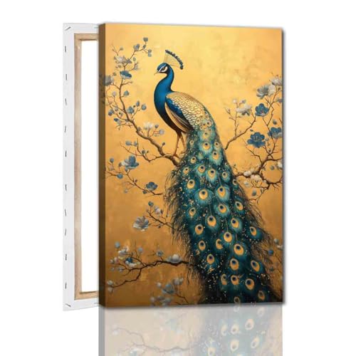 Elegance Peacock Wall Art Blue Peacock Painting Abstract Bird Wall Art Vintage Bird Poster Vintage Animal Picture Blue Animal Print Flower Modern Abstract Living Room Decor 16x24inch Framed