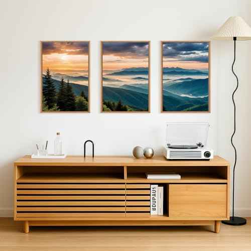 Large Nature Mountain Sunrise Framed Canvas Wall Art (3 Count)