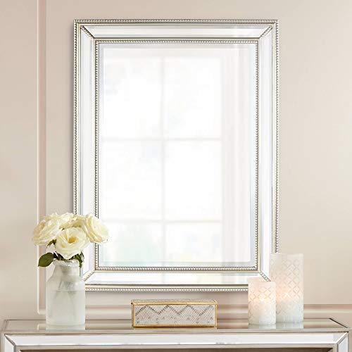 Palais Rectangular Vanity Decorative Accent Wall Mirror Modern Beaded Beveled Glass Mottled Silver Mirrored Frame 30" Wide for Bathroom Bedroom Living Room Home House Office