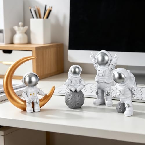 Silver White Astronaut Figurines Statue Set of 4 (4 Count)