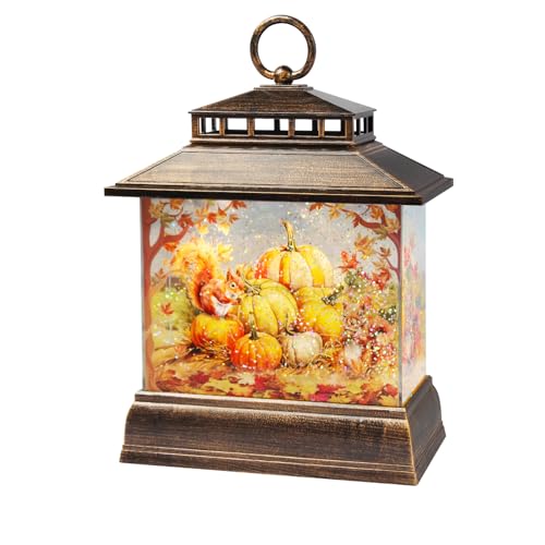 Fall Snow Globe Lantern Thanksgiving Pumpkins and Squirrels Water Lantern with Swirling Glitter 6H Timer Remote Control Fall Decorations for Home Thanksgiving Autumn Harvest
