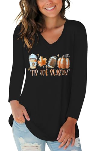 Long Sleeve T Shirts for Women Halloween Shirt V Neck Graphic Tees Soft Cotton Holiday Blouses for Teens Girls Trendy Costumes Black M
