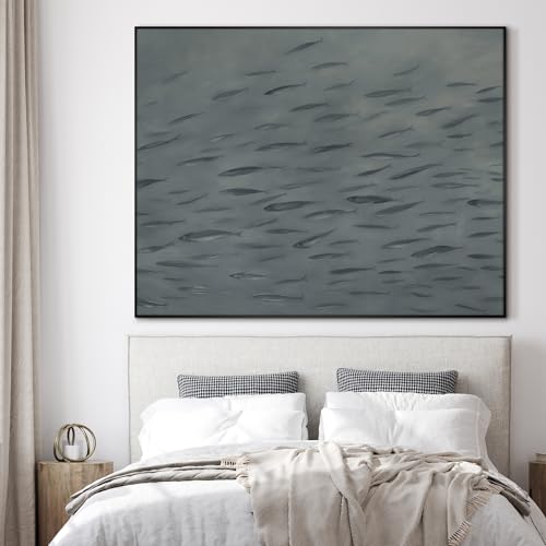 36"x46" Extra Large Framed Wall Art Gray School of Fish Minimalist Ocean