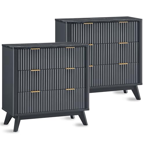 32" Large Fluted Nightstand with 3 Drawers Set of 2 (2 Count)