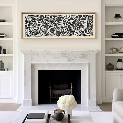Large Framed Canvas Print Wall Art Monochrome Botanicals Black and White Floral Illustrations Antique Retro Fine Art Illustrations Decorative Colorful for Bedroom