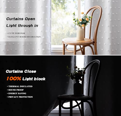 White Blackout Curtains 63 Inches Long for Bedroom 100% Light Blocking Kids Curtain Thermal Insulated Short Curtains with White Pom Pom Sheer Room Darkening Grommet (2 Count)