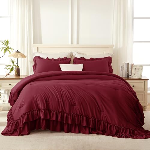 Burgundy Twin Size Ruffle Comforter Set