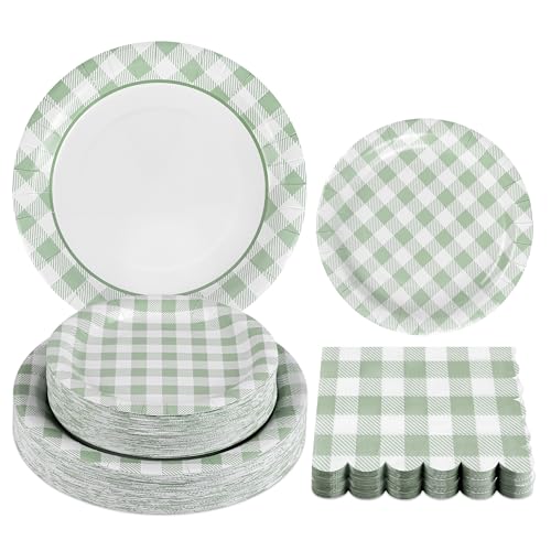 150Pcs Sage Green Gingham Party Supplies Green Gingham Paper Plates and Napkins Green Plaid Plates Disposable Greeny and White Plaid Party Decor for Birthday Family Picnic BBQ Party (150 Count)