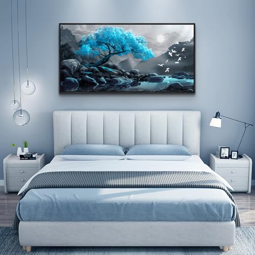 Large Black Framed Wall Decor For Living Room Canvas Wall Art For Office Modern Wall Decorations For Bedroom Blue Tree Landscape Painting Farmhouse Pictures Artwork Home Decor 24x48 In