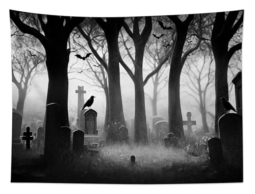 Spooky Halloween Cemetery Tapestry Scary Tombstone with Dead Trees Forest Tapestry Wall Hanging Horror Ghost Party Background Tapestry for Bedroom Living Room Dorm 59Wx51L Inches