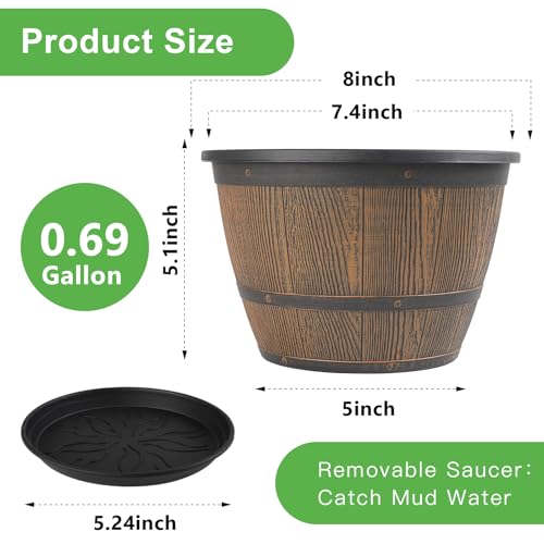 8-inch-Plant-Pots-Indoor-Outdoor, 4 Pack Whiskey Barrel Planters with Drainage Holes & Saucer, Plastic Flower Pots Imitation Wine Barrel Design, Decorative Garden Pots for Plants (4 Count)