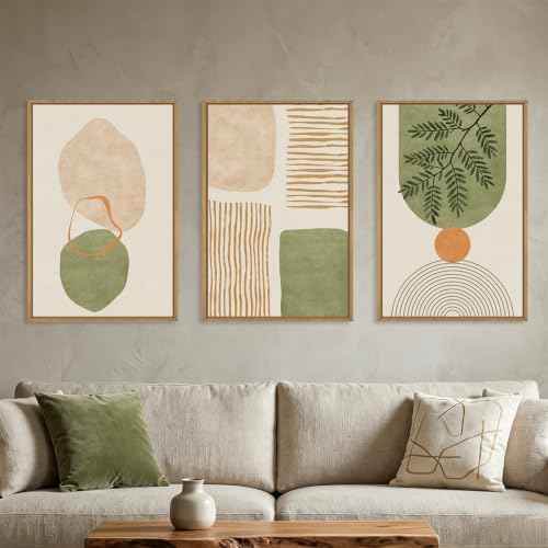 Boho Sage Green Geometric Framed Canvas Wall Art Set