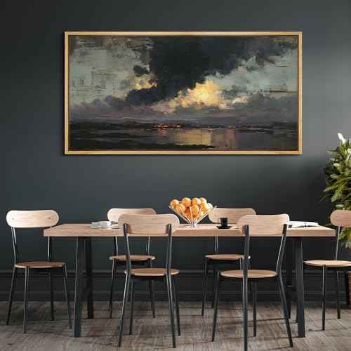 Extra Large Framed Canvas Print Wall Art Misty Lake Landscape Antique Retro Fine Art Illustrations Decorative Colorful for Bedroom