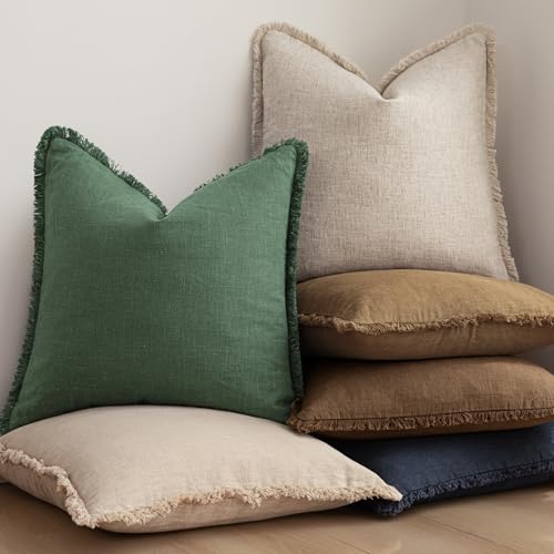 Boho Linen Fringe Lumbar Throw Pillow Covers 12×20 Pine Green (2 Count)