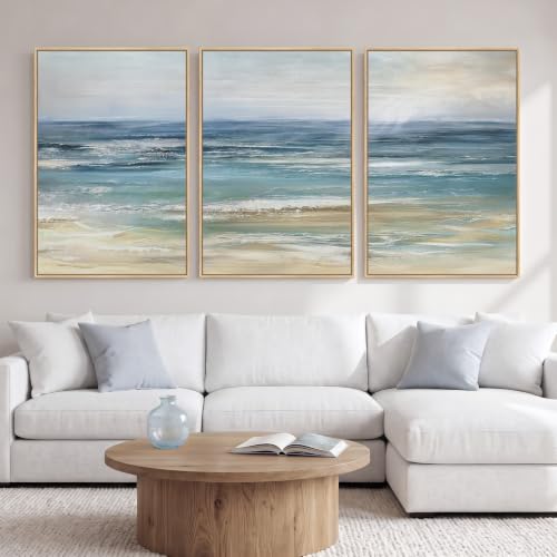 Large Framed Blue Coastal Landscape Wall Art for Living Room