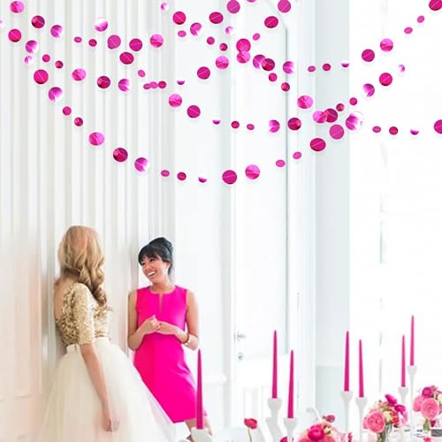 Hot Pink Party Decorations Circle Dots Garland Metallic Rose Pink Hanging Paper Polka Dots Streamer for Bachelorette Birthday Engagement Wedding Bridal Shower Anniversary Party Supplies