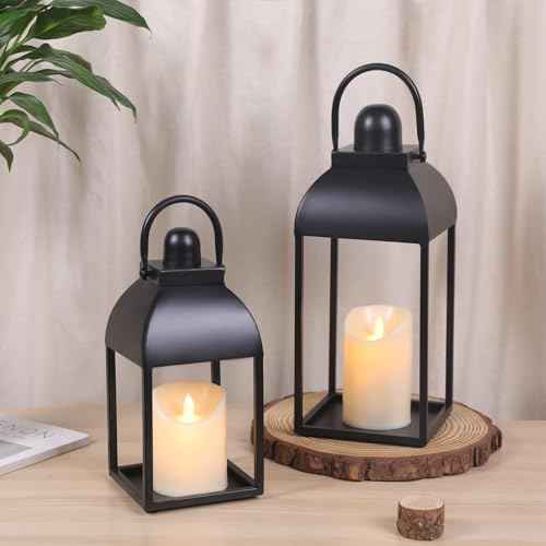Lanterns Decorative Indoor 15" 11" Set of 2 Black Metal Lantern with Candle (2 Count)