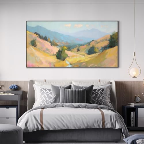 24"x46" Extra Large Framed Wall Art Golden Valley Light Landscape Illustration for Home Living Room Bedroom Decor
