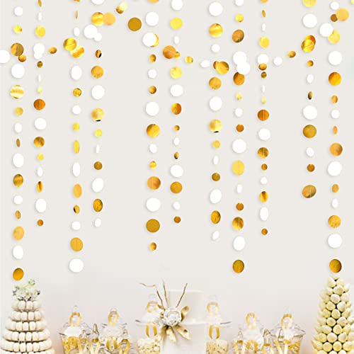 46 Feet White and Gold Circle Dots Garland Hanging Paper Polka Dots Streamer for Birthday Bachelorette Engagement Anniversary Wedding Bridal Shower Christmas Holiday Party Decorations Supplies
