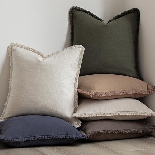 Decorative Linen Fringe Throw Pillow Covers 22×22 Dark Green (2 Count)