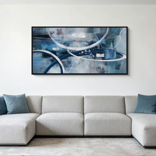 Blue Abstract Wall Art Modern Neutral Fluid Painting with Thin Black Frame