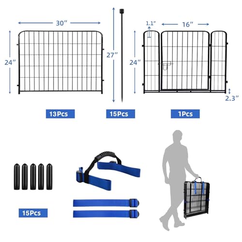24 in(H) Garden Fence with Gate, 14 Panels Heavy Duty Iron Metal Animal Barrier Fence, Camping Fence, Garden Fences and Borders for Dogs,Total 34.5 Ft(L), Black (70 Sq Ft)