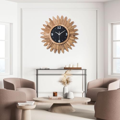Large Wall Clock Battery Operated 21 in Rustic Wood Boho Sunburst Decorative Wall Clock Silent Non Ticking Farmhouse Wall Clocks for Living Room Bedroom Kitchen Bathroom Decor