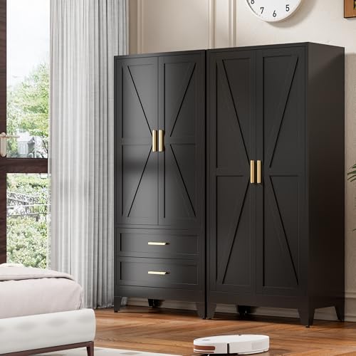 71'' Farmhouse Metal Wardrobe Cabinet with Hanging Rod