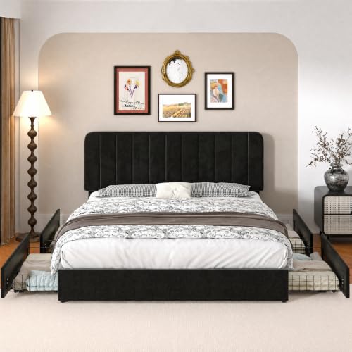 Full Size Upholstered Bed Frame with 4 Drawers and Headboard