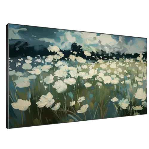 46"x72" Extra Large Framed Wall Art White Wildflower Field in Impressionist Style