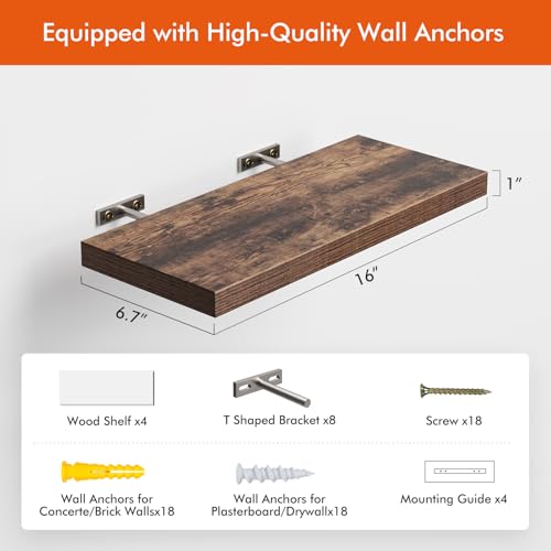 16’’Rustic Brown Floating Shelves for Wall Set of 4 (4 Count)