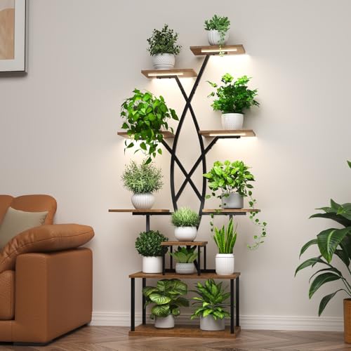 9 Tier 66" Tall Plant Stand with Grow Lights for Indoor Plants（White）