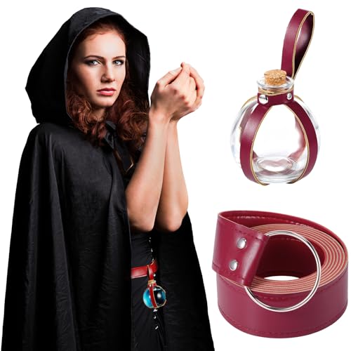 Mardi Gras Potion Bottles with Cork Set Dark Magic Cork Round Potion Bottle with Leather Belt Clear Glass Large for Halloween Costume Props DIY Crafts Decorative