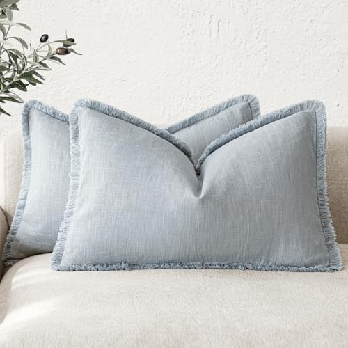 Boho Linen Fringe Lumbar Throw Pillow Covers 12×24 Sky Blue (2 Count)