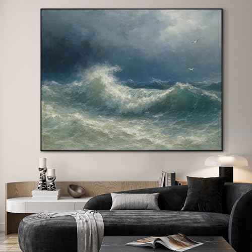 46"x60" Extra Large Framed Wall Art Dramatic Ocean Waves with Stormy Sky and Seagulls for Home Living Room Bedroom Decor