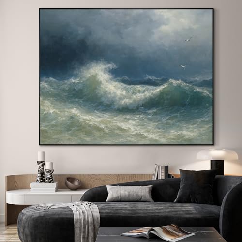 60"x72" Extra Large Framed Wall Art Dramatic Ocean Waves with Stormy Sky and Seagulls for Home Living Room Bedroom Decor