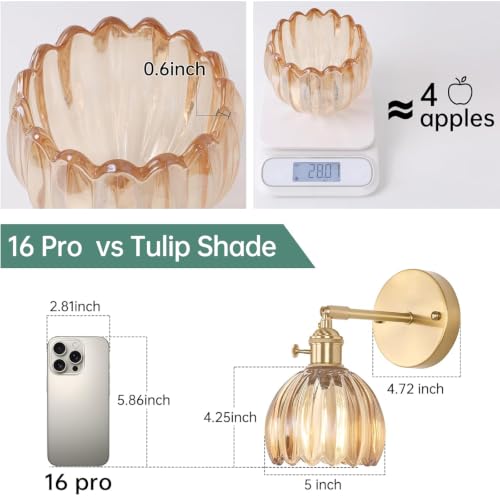 Vintage Wall Sconces Set of 2 with Amber Tulip Glass Lampshade 180 Degree Adjustable Brass Sconces Hradwired Modern Wall Lighting Fixture with Switch for Bedside Bedroom Doorway (2 Count)