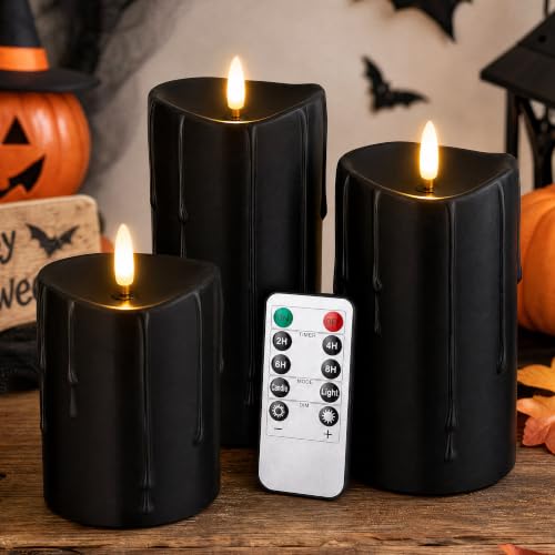 Black Real Wax Dripping Halloween Flameless Pillar Candles with Remote (3 Count)