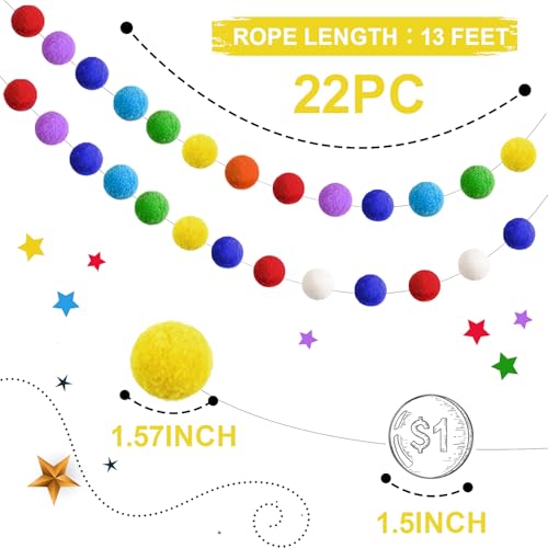2pk Rainbow Color Pom Pom Garland 13FT Colorful Large Felt Ball Garland for Mantle (26 Foot)