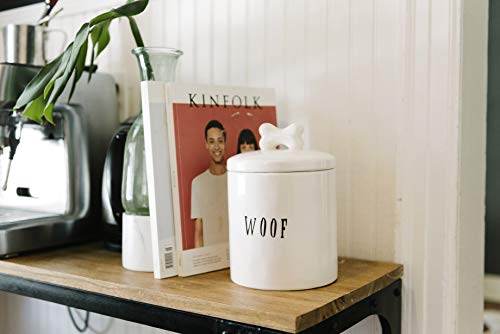 Ceramic Dog Treat Jar with Woof Message and Bone Handle Lid