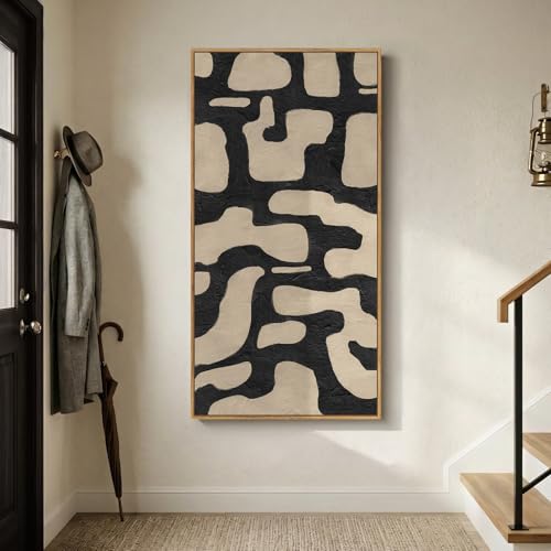 Large Framed Black and Beige Abstract Wall Art for Living Room