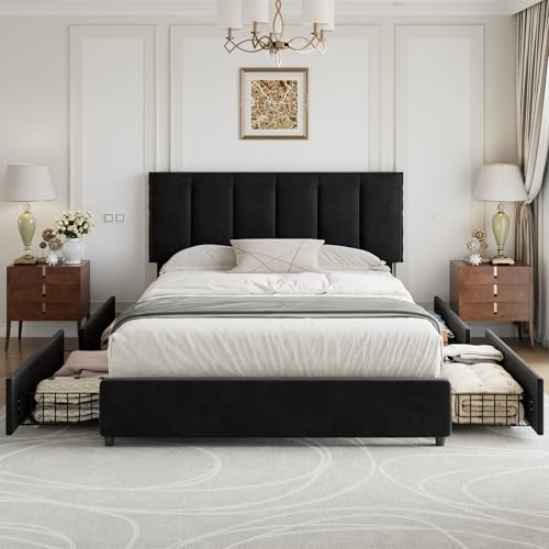 Queen Size Bed Frame with 4 Storage Drawers