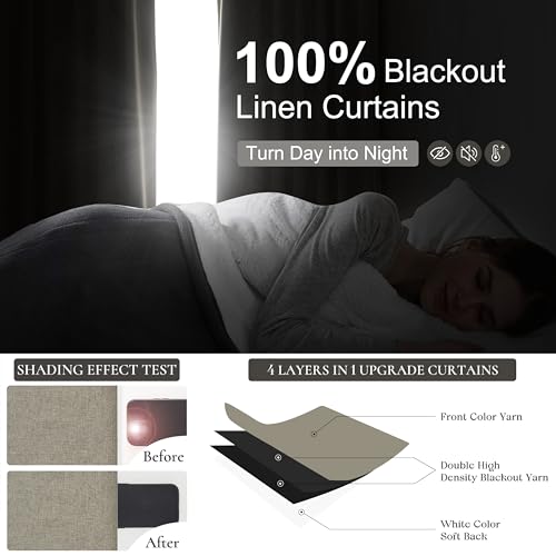 Grey Green Blackout Linen Curtains 102 Inches Long for Living Room Bedroom (2 Count)