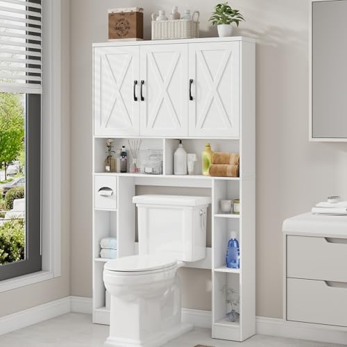 Over The Toilet Storage Cabinet with 3 Barn Doors.White