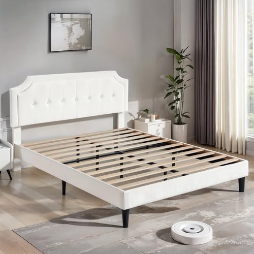 Queen Size Bed Frame with Velvet Upholstered Headboard