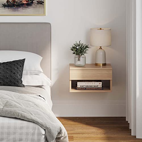 Jackson Wall Mounted Floating Bedroom Nightstand with Storage Drawer and Modern Open Shelf Cubby