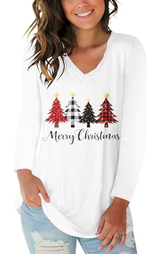 Merry Christmas Tree Print TShirt Women V