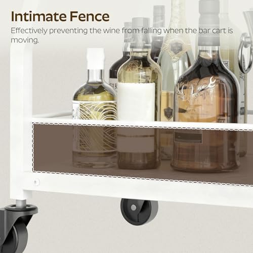 Bar Cart, 3-Tier Home Bar Serving Cart with Wheels, Drink Cart with Glass Holder, Beverage Cart, Rolling Kitchen Cart, for Home, Living Room, White and White BC03WW