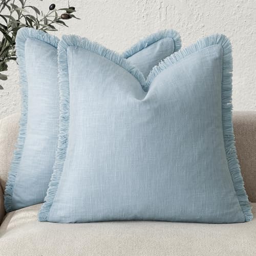 Decorative Linen Fringe Throw Pillow Covers 20×20 Light Blue (2 Count)