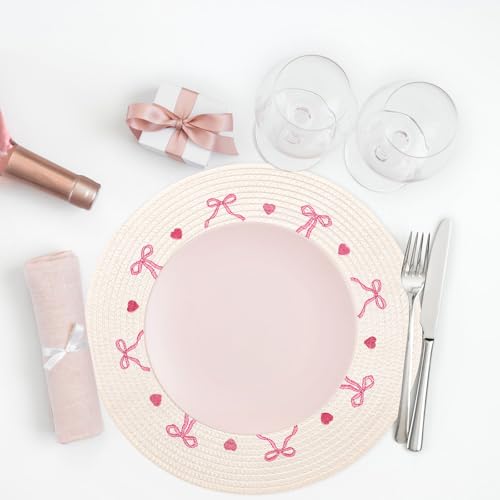 4 Pcs Round Placemats White Pink Bow Embroidered Place Mats Coquette Bowknot Heart Dinner Table Mats for Home Wedding Baby Shower Birthday Party Decor (4 Count)